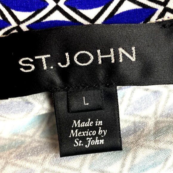 St. John Womens Geometric Print Top L Blue & Teal Rounded Neckline - Picture 5 of 6
